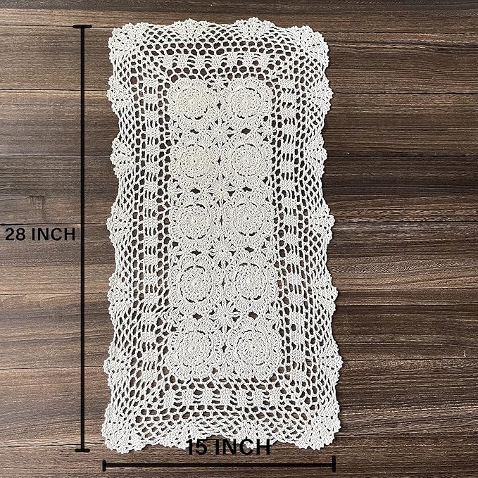 Phantomon Lace Table Runner Rectangular Table Cover Cloth Handmade Crochet Floral Placemats 100% Cotton (Floral Beige, 15x28Inch)