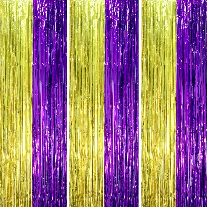 3 Pack 3.3 x 8.2 ft Purple and Gold Foil Fringe Backdrop Curtains, Tinsel Streamers Party Decorations, Fringe Backdrop, Door Shimmer for Graduation or Birthday Party