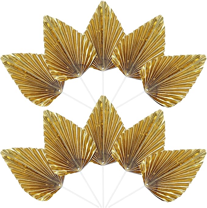 Ephlyn 6Pcs Paper Palm Leaves Fan Cake Toppers Palm Leaf Fan Cake Picks Craft DIY Fan Cupcake Toppers Palm Spear Leaves Cake Decorations for Baby Shower Wedding Birthday Party Supplies Bright Gold