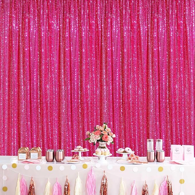 Party Backdrop Curtain 2ftx8ft Hot Pink Backdrop Drapes Curtains Panels with Rod Pockets 6 Pieces Sequin Fabric Flamingo Party Decor