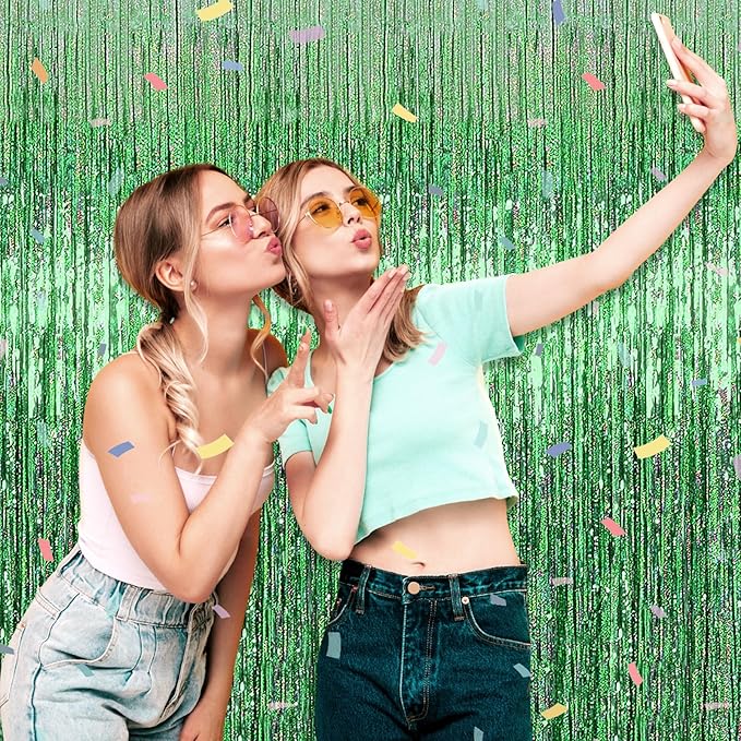6 Pack Light Green Foil Fringe Curtain Backdrop, 3.28Ft x 8.2Ft Metallic Tinsel Foil Fringe Streamer Curtains for Photo Booth, Valentine's Day, Christmas Day, New Year, Wedding Party Decorations