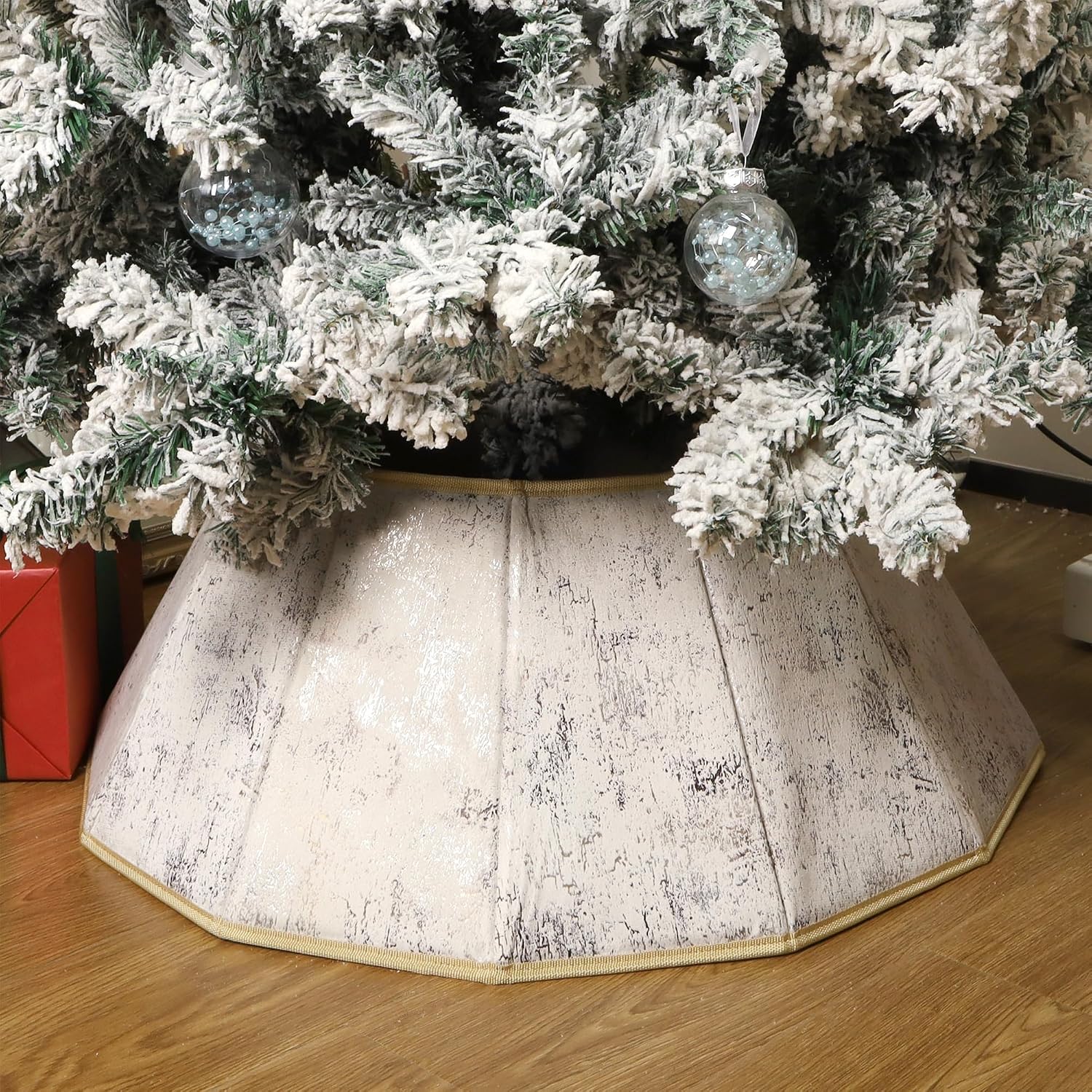 Blissun Fabric Christmas Tree Collar, Xmas Tree Ring, Willow Christmas Tree Skirt for Christmas Tree Decorations (Concrete Beige)