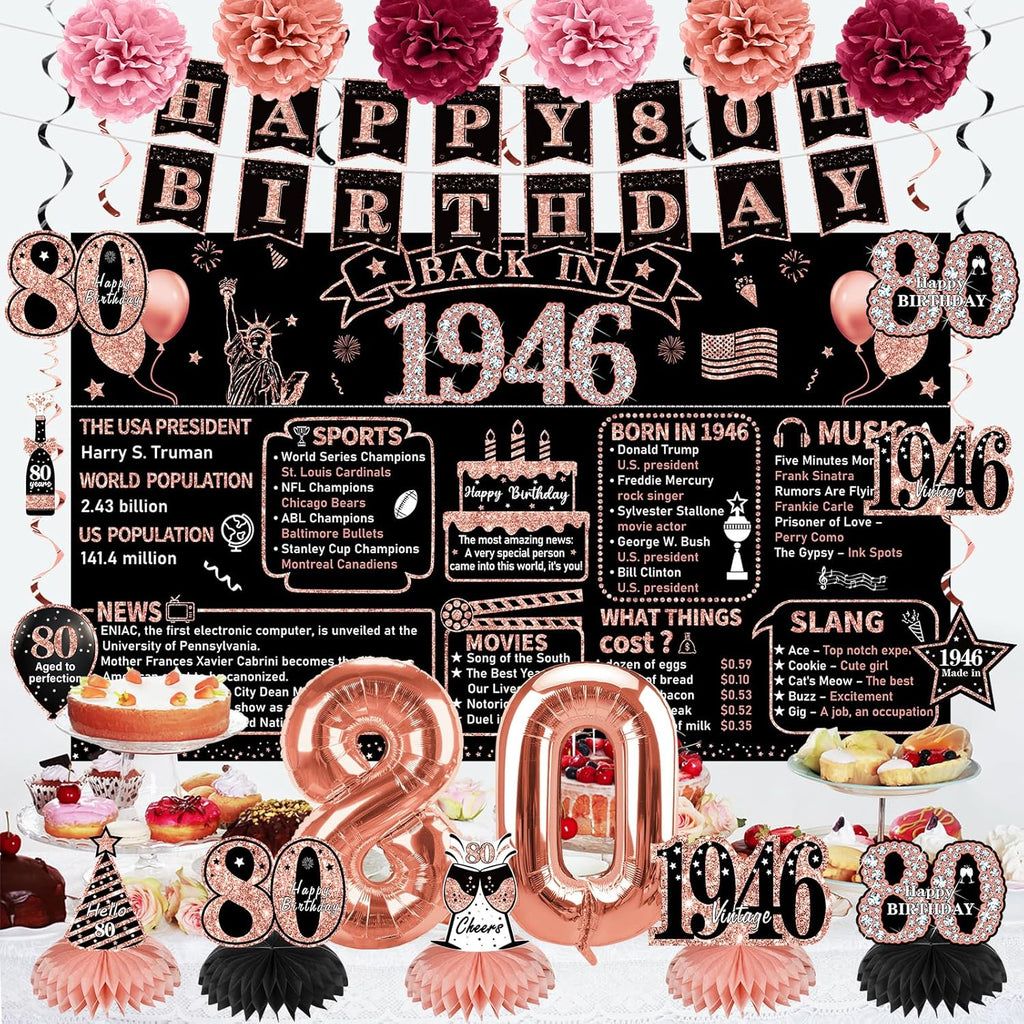 Zirtorei 80th Birthday Decorations for Women, 21pcs the Year 1946 Banner Balloon Party Supplies, Rose Gold 80 Year Old Birthday Backdrop, 80 Bday Honeycomb Centerpiece Hanging Swirls Sash Gifts
