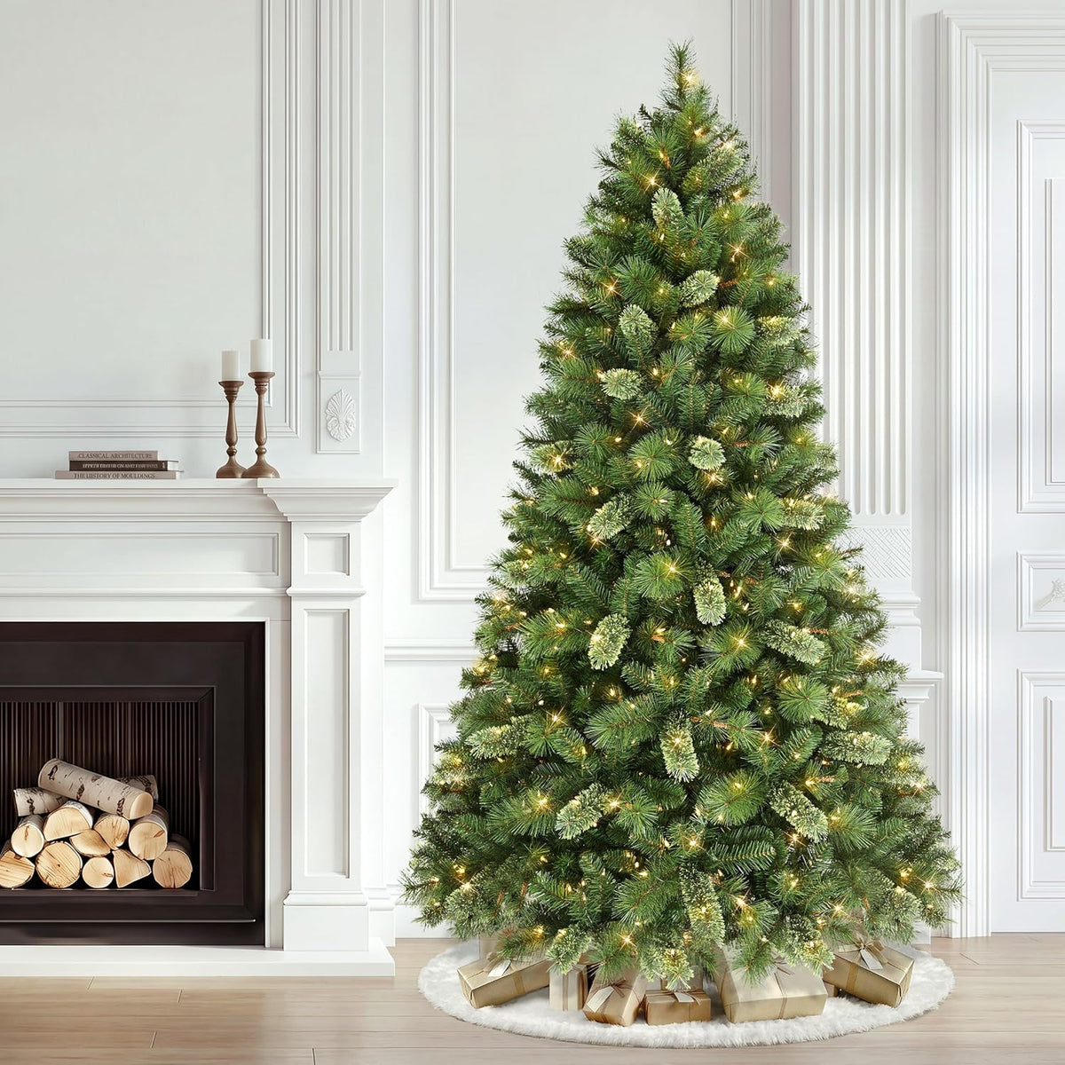 puleo international 7.5ft pre-lit teton pine christmas tree shown in use