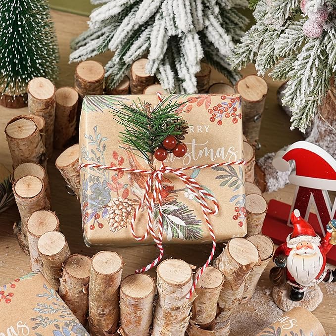 RUSPEPA Kraft Christmas Wrapping Paper Roll, Mini Roll, Vintage Bird on Pine Branch Design with Merry Christmas, Natural Scene Gift Wrap for Women, Friends, Family, Xmas Gifts, 17 Inches x 16.4 Feet