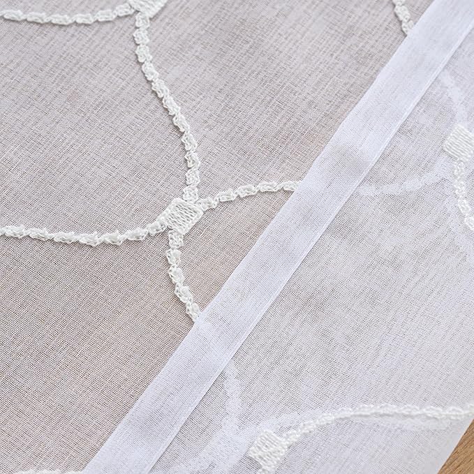 Embroidered Wave Diamond Sheer Curtains White 95 Inches, Window Treatments Rod Pocket Drapes for Living room, Bedroom, Semi Voile Curtain Panels for Yard, Patio, Villa, Parlor, Set of 2, 52"x95".