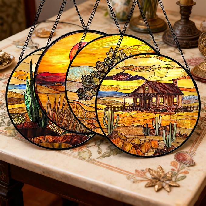Stained Glass Window Hanging 4 Pcs Set Desert Sunset Theme Landscape 7.8" - Suncatcher Door Garden Sun Catcher Decor Birthday Christmas for Mom Woman Nana Men