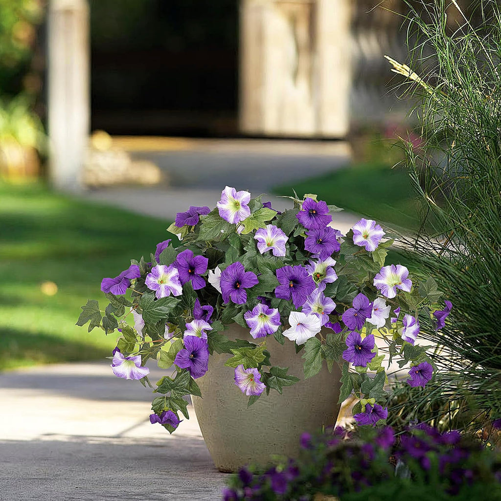 Ammyoo Artificial Fake Flowers Plants for Outdoor Decoration, 2PCS Faux Petunias Silk Flower UV Resistant No Fade for Home Outside Garden Balcony Yard Porch Realistic Indoor Decor (Purple White)