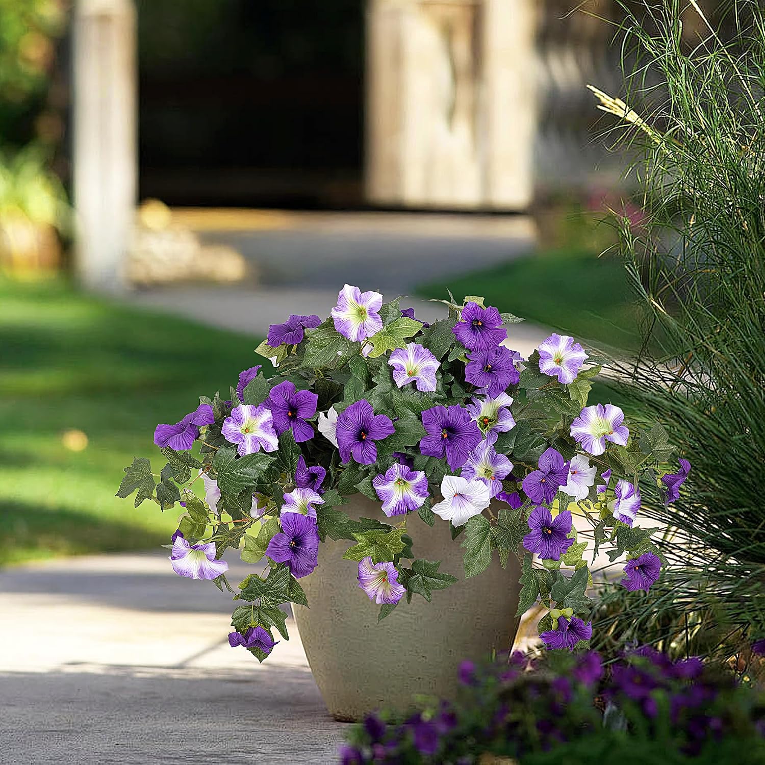 Ammyoo Artificial Fake Flowers Plants for Outdoor Decoration, 2PCS Faux Petunias Silk Flower UV Resistant No Fade for Home Outside Garden Balcony Yard Porch Realistic Indoor Decor (Purple White)