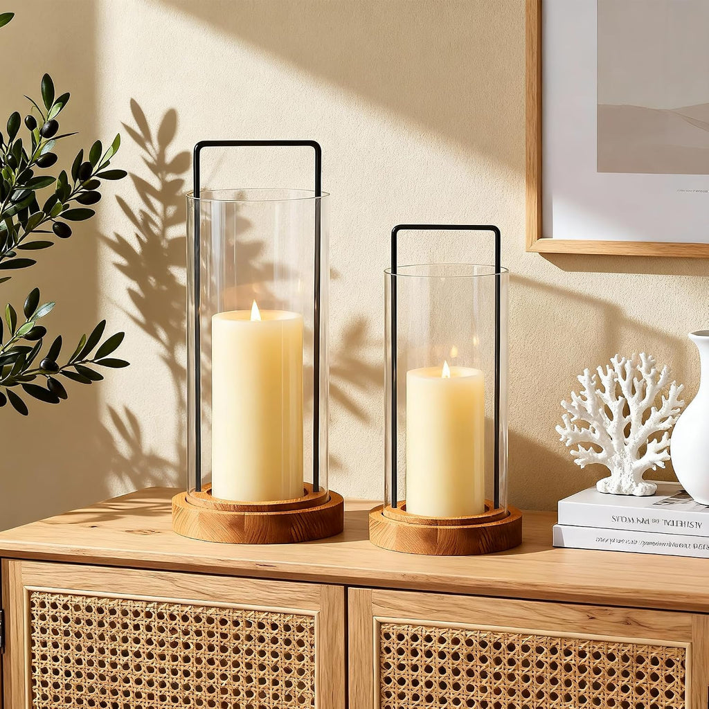 Houmury Set of 2 Hurricane Candle Holders Lantern 12” & 10”with Wood Base Metal Handle Glass Cylinder Modern Farmhouse Decor for Home Decoration, Table Centerpieces (Warm Amber Brown)