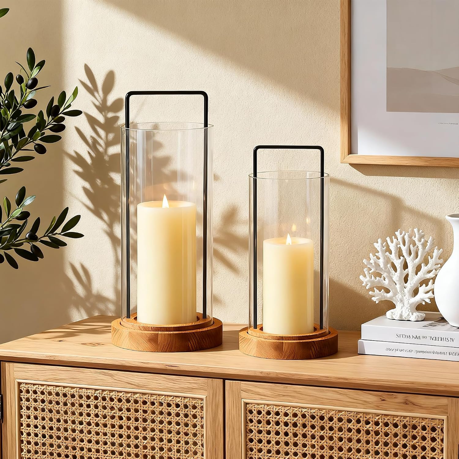 Houmury Set of 2 Hurricane Candle Holders Lantern 12” & 10”with Wood Base Metal Handle Glass Cylinder Modern Farmhouse Decor for Home Decoration, Table Centerpieces (Warm Amber Brown)