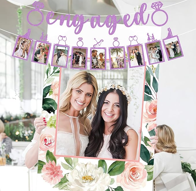 Pre-Strung Engaged Photo Banner - Purple Glitter Engagement Party Decoration Supplies with Romantic Memories Picture Card Frames for Bachelorette, Bridal Shower, Wedding Party Photo Booth Props