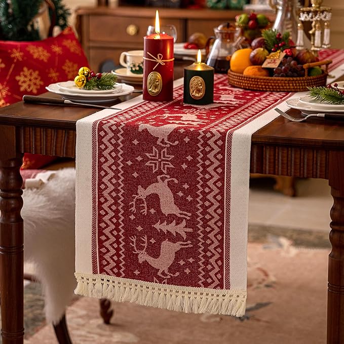 Table Runners 119 Inches,Elk Table Runner with Tassel Fringe,Christmas Table Runner for Party，Coffee Table, Festival