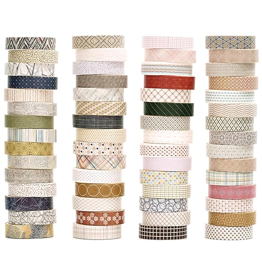 YUBBAEX 60 Rolls Value Washi Tape Pack Retro Arts Masking Tape Basic Patterns Decorative for DIY Crafts, Bullet Journal Supplies, Planners, Scrapbook, Card/Gift Wrapping (Basic Geometry)