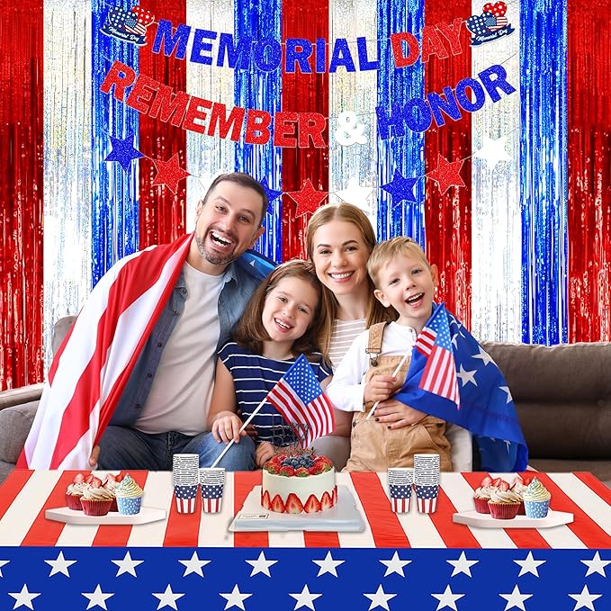 Foil Fringe Curtains Independence Day Decorations - Melsan 3 Pack 3.2 x 8.2 ft Silver Tinsel Curtain Photo Backdrop for Birthday Party or Disco Party Decorations