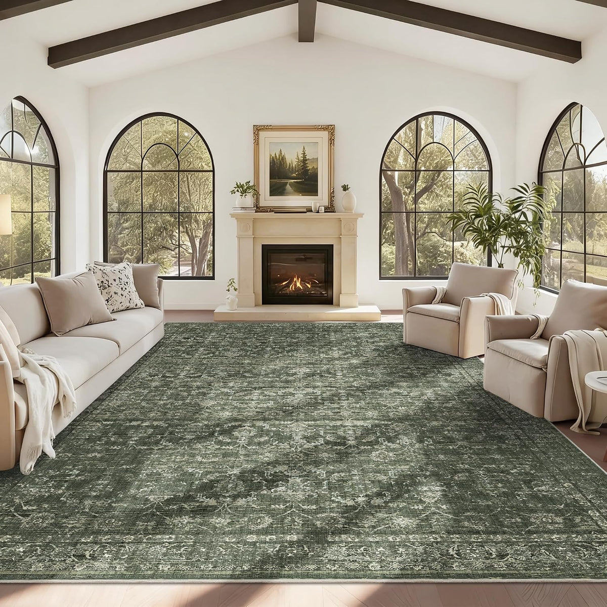 10x14 Washable Living Room Area Rug Soft Boho Dark Green Large Carpet