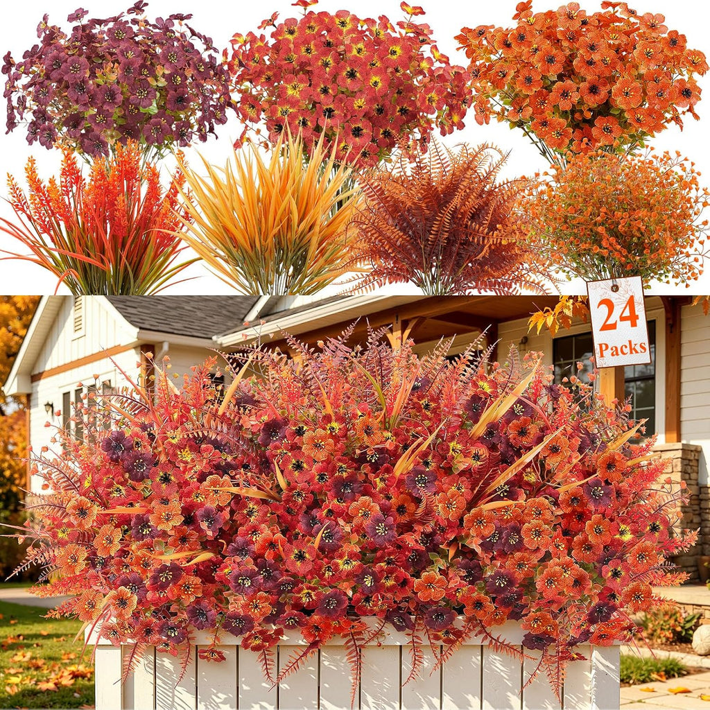 alupssuc 24pcs artificial fall flowers for outdoors decor shown in use