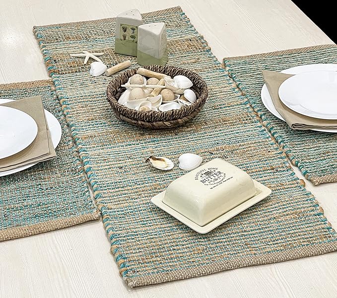 Chardin home Natural Jute Table Runner 13x36 Inch – Vintage Boho Rustic Table Decor – Handwoven Table Runner in Natural Jute and Aqua Turquoise – Farmhouse Dining or Console Table Accent