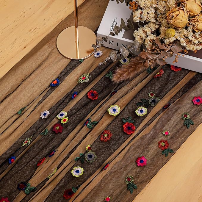 BINBE 3pcs Black Daisy Fall Table Runner Embroidery Gauze 10FT Florals Seasonal Tulle Holiday Birthday Kitchen Dining Table Decor for Home Party