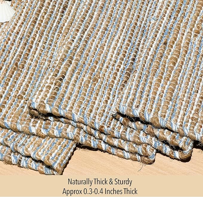 Chardin home Natural Jute Table Runner 13x36 Inch – Vintage Boho Rustic Table Decor – Handwoven Table Runner in Natural Jute and Sky Blue-White – Farmhouse Dining or Console Table Accent