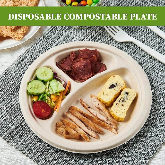 ECOLipak 125 Pack 3 Compartment Plates Disposable, 10 inch Heavy-Duty Compostable Paper Plates Made of Eco-Friendly Sugar Cane Fibers