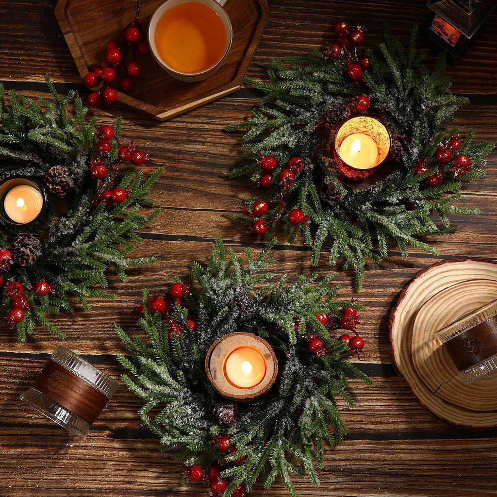 8 Pcs Christmas Candle Rings - 10 Inch Artificial Berries Pine Cone Wreaths for Pillar Table Centerpiece Decoration - Rustic Holiday Wedding Holder