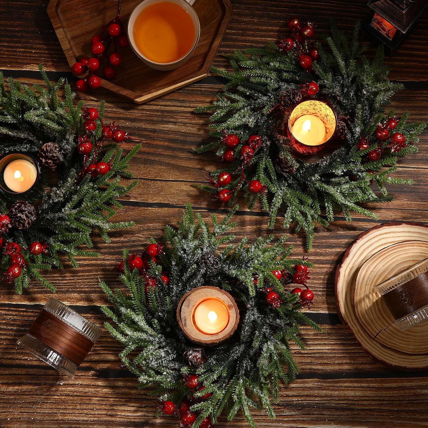 8 Pcs Christmas Candle Rings - 10 Inch Artificial Berries Pine Cone Wreaths for Pillar Table Centerpiece Decoration - Rustic Holiday Wedding Holder