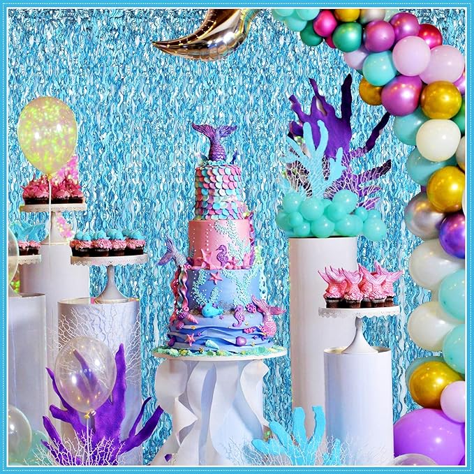 Jutom 6 Pieces 3.3 x 6.6 ft Wavy Tinsel Foil Fringe Curtains Foil Fringe Streamer Backdrop Party Curtain for Sea Mermaid Baby Shower Birthday Party Decoration(Light Blue)