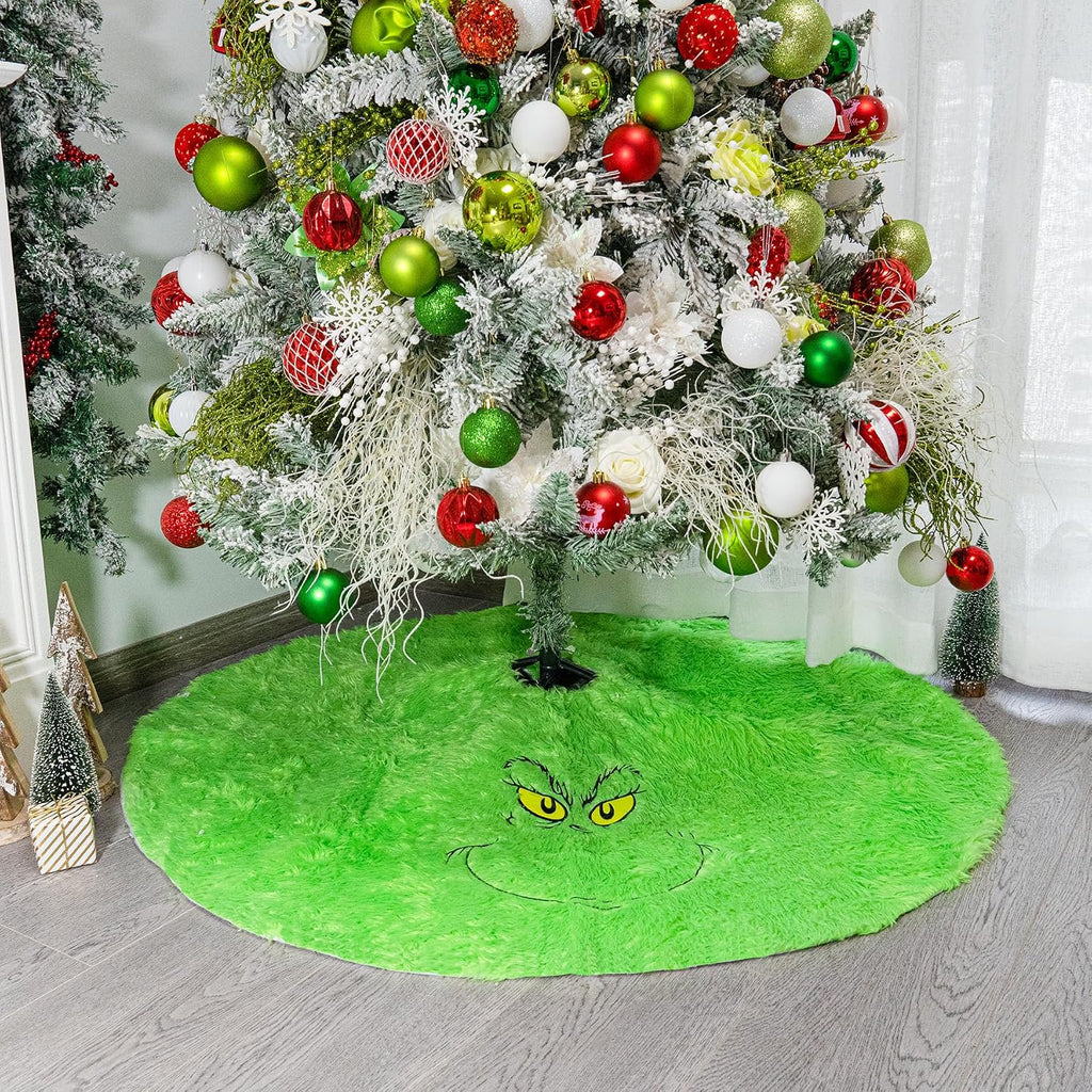 48 inch Green Christmas Tree Skirt, Plush Faux Fur Xmas Tree Skirt | Whimsical Funny Velvet Farmhouse Tree Skirt Decorations for 6-7 ft Tree Halloween Xmas Holiday Party