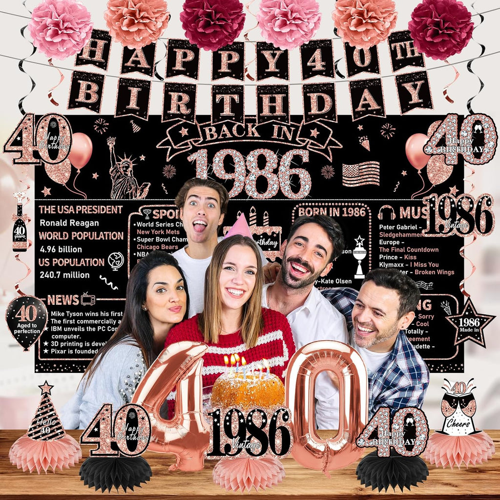 Zirtorei 40th Birthday Decorations for Women, 21pcs the Year 1986 Banner Balloon Party Supplies, Rose Gold 40 Year Old Birthday Backdrop, 40 Bday Honeycomb Centerpiece Hanging Swirls Sash Gifts