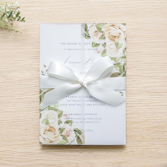 PONATIA 50PCS Vellum Jackets for 5x7 Invitation Cards- 135GSM Champagne Flowers Vellum Sleeves, VVellum Sleeves, 5x7 Clear Jackets - Wedding Invitations Wraps - Transparent Card Jackets