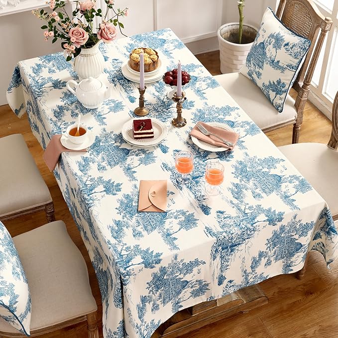 patdrea Designer Vintage Cyan Long Tablecloth for Rectangle Table,Linen Ancient Castle and Manor Pattern Tablecloths,Table Cover Decor for Kitchen Dining Christmas,Thanksgiving,63"x102"-Lucerne a