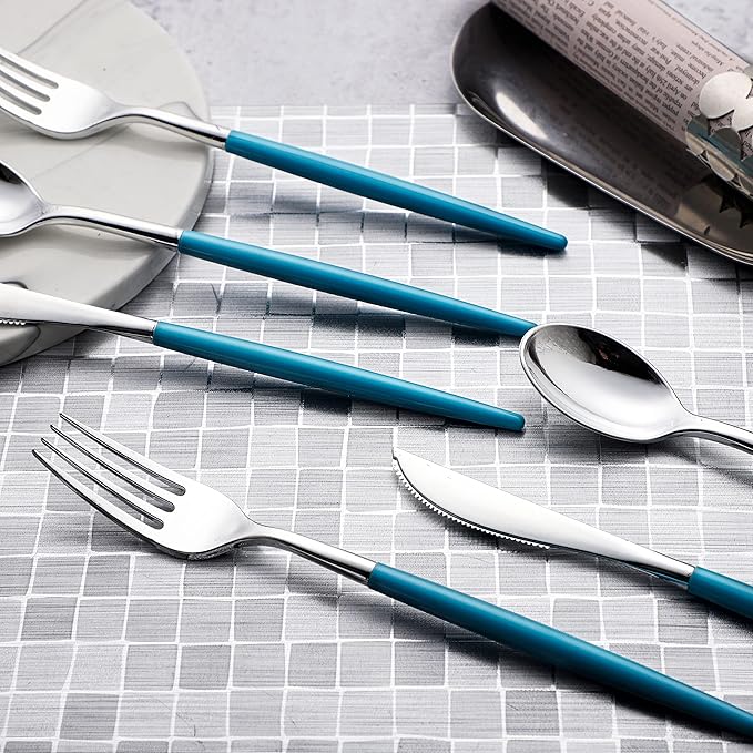 WELLIFE 144Pcs Blue Plastic Silverware, Heavy Duty Plastic Flatware with Blue Handle, Includes 48 Forks,48 Knives,48 Spoons for Party