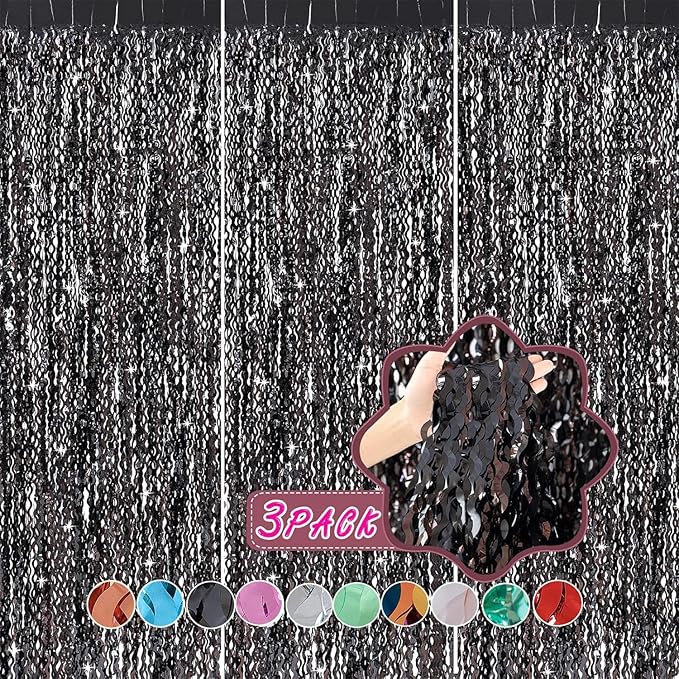 3 Pack New Years Decorations Wavy Black Tinsel Foil Fringe Curtains Party Backdrop 3.3 x 6.6 ft Streamer Backdrop Tinsel Curtains for Birthday, Graduation, Fiesta, Halloween Party Decor