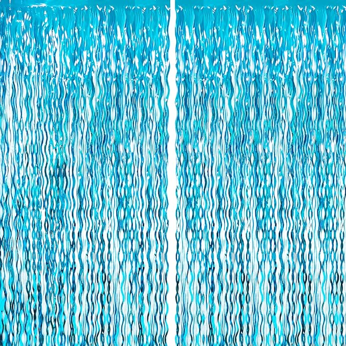 GOER 6.4 ft x 6.5 ft Metallic Tinsel Foil Fringe Curtains,Pack of 2 Party Streamer Backdrop for Birthday,Graduation Decorations and New Year Eve (Wavy Light Blue)