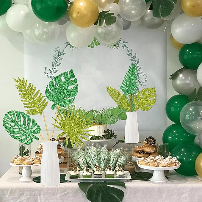 20pcs Glitter Tropical Leaves Centerpiece Decorations for Table Green Palm Leaf Theme Centerpiece Sticks Hawaiian Luau Birthday Decorations for Summer Jungle Theme Birthday Party Baby Shower Supplies