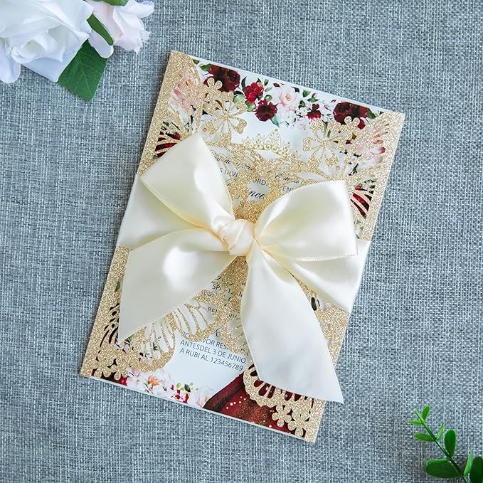 20 PCS 5.12x7.2 Butterfly Personalized Quinceanera Invitation, Customized XV Anos Laser Cut Invitation Cards with Envelopes (20 PCS Light Gold Personalized)