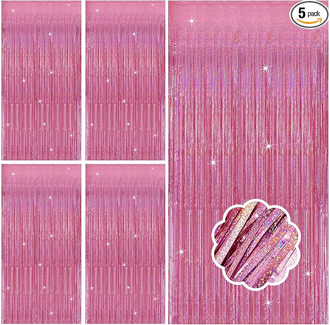 5 Pack Pink Tinsel Foil Fringe Curtains Tinsel Backdrop Sparkly Curtains Party Streamers for Valentines Bachelorette Holiday New Year Eve Celebrations Birthday Party