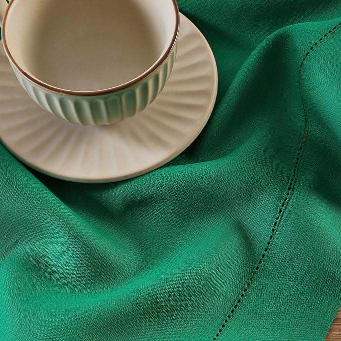 Solino Home Linen Emerald Green Hemstitch Table Runner 60 Inches - 100% Pure Linen Small Table Runner 14 x 60 Inch Ideal for Dresser and Coffee Tables - Classic Hemstitch - Christmas