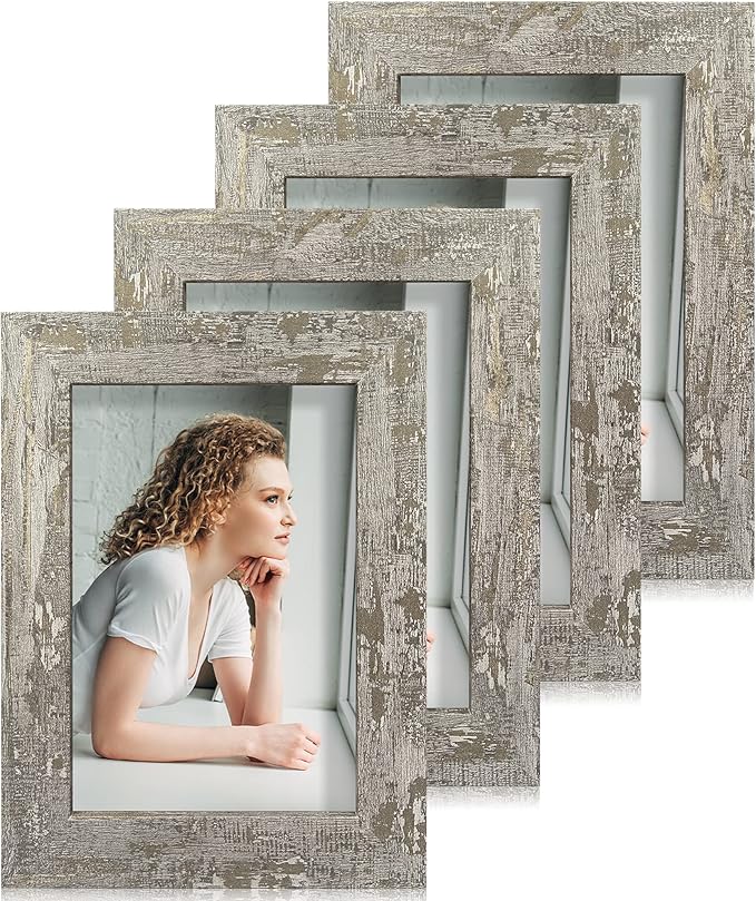 4x6 Picture Frame set of 4, High Definition Glass Distressed Moss Green Frame, 4 x 6 Wood Photo Frames for Desktop Display and Wall Mounting