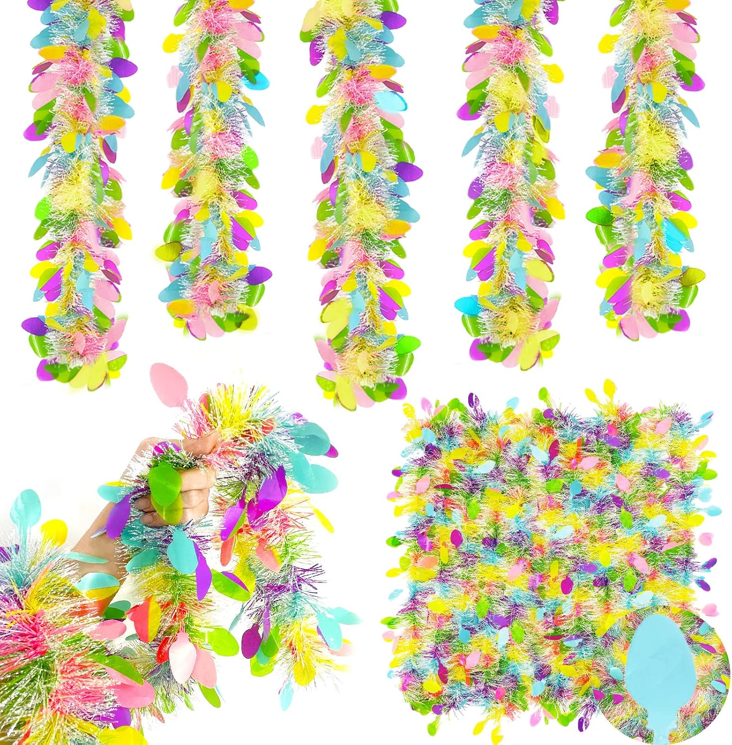 TURNMEON 5 Strings Total 75 Ft Easter Tinsel Garlands Decorations with Colorful Easter Eggs Metallic Streamers Hanging Fringe Garland Easter Decorations Outdoor Indoor Home Party, Each 15 Ft by 6"