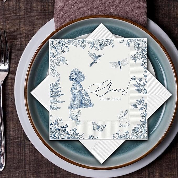 Luxury Personalized Dog Wedding Napkins, Custom Wedding Cocktail Napkin, Blue Floral Cocktail Napkins, Blue and White Flower Paper for Bridal, Engagement Party, Bridal Shower