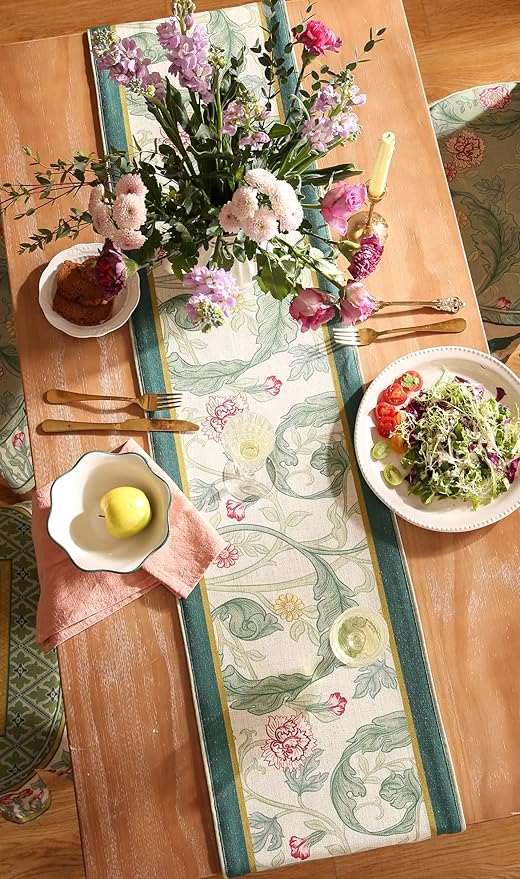 patdrea Designer Green Floral Extra Long Table Runner,French Elegant Vibrant Rustic Linen with Green Leaves Patterns Fabric Table Mat,Decoration for Kitchen Dining Room Banquet Christmas,12"*118"