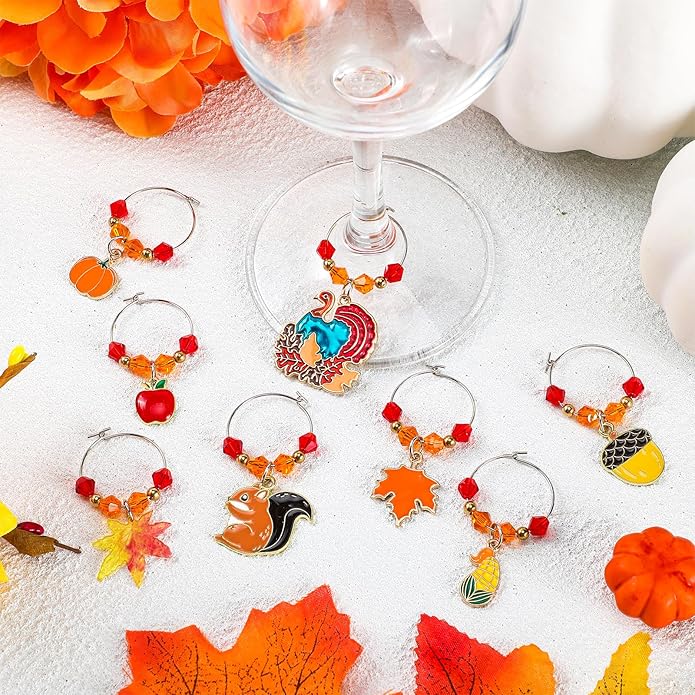 Sasylvia 8 Pieces Thanksgiving Fall Wine Glass Charms Fall Glass Markers Harvest Wine Charms Rings Tags for Stem Glasses Hostess Gifts Party Favors Drink Markers Autumn