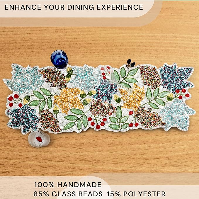 Boho Beaded Table Runner - 36" Handcrafted Glass Beads Floral Design with Durable Non-Slip Polyester Backing for Dining, Coffee Table & Special Occasions (Multi) - CLEENTABLE