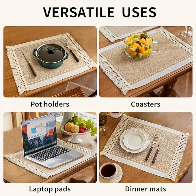 Placemats Set of 4,Waterproof Placemat with Tassel Fringe,Boho Placemats for Coffee Table Western Restaurant