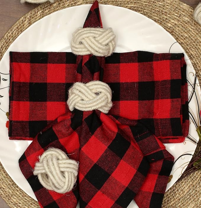 Farmhouse Napkin Ring Set of 12 - Handwoven Cotton & Jute Knot Design for Table Decor, Weddings, Dinner Parties & Everyday Dining - Decorative Adornment for Table Setting (Off White) - CLEENTABLE