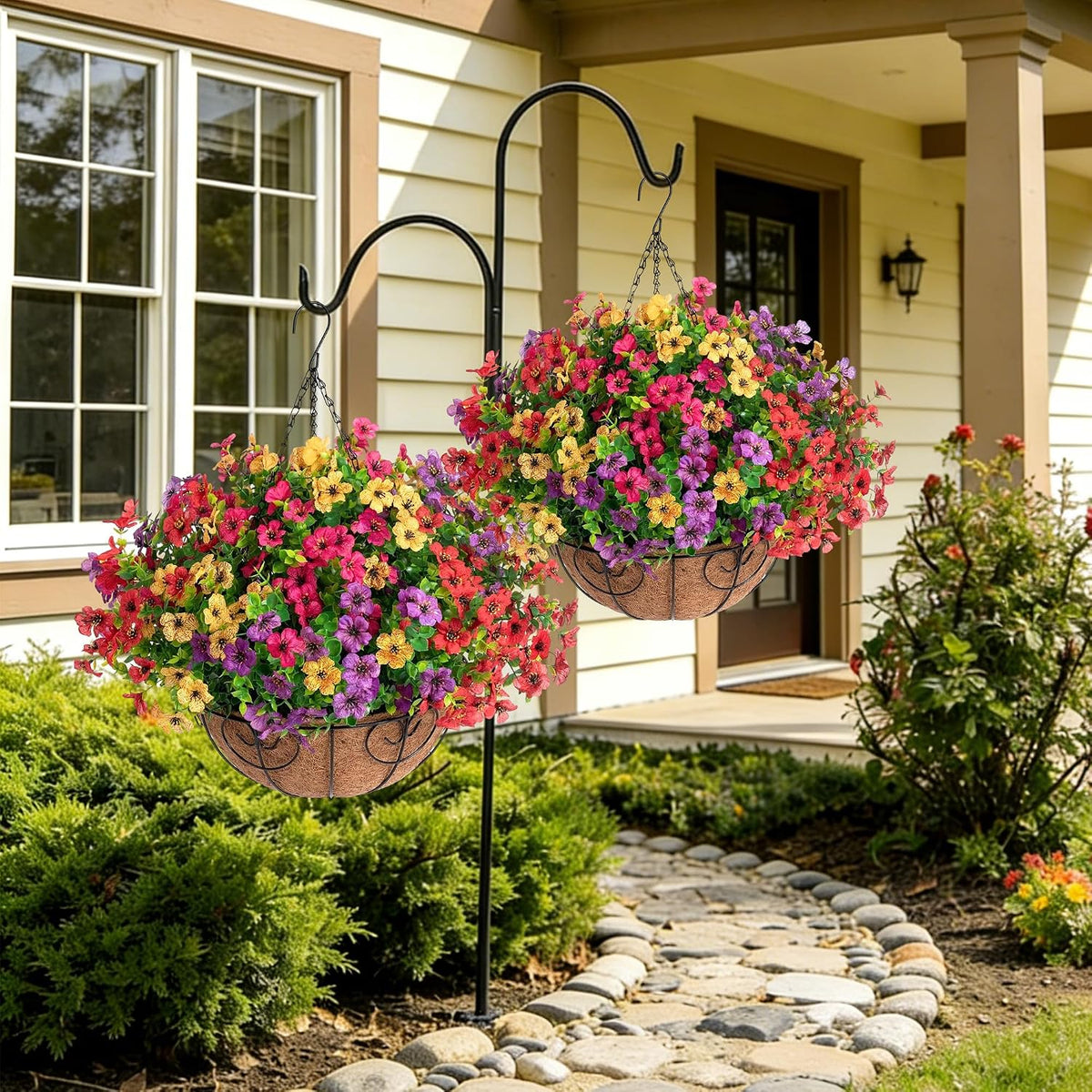 hyeflora 2 set artificial outdoor flowers hanging basket, close-up detail