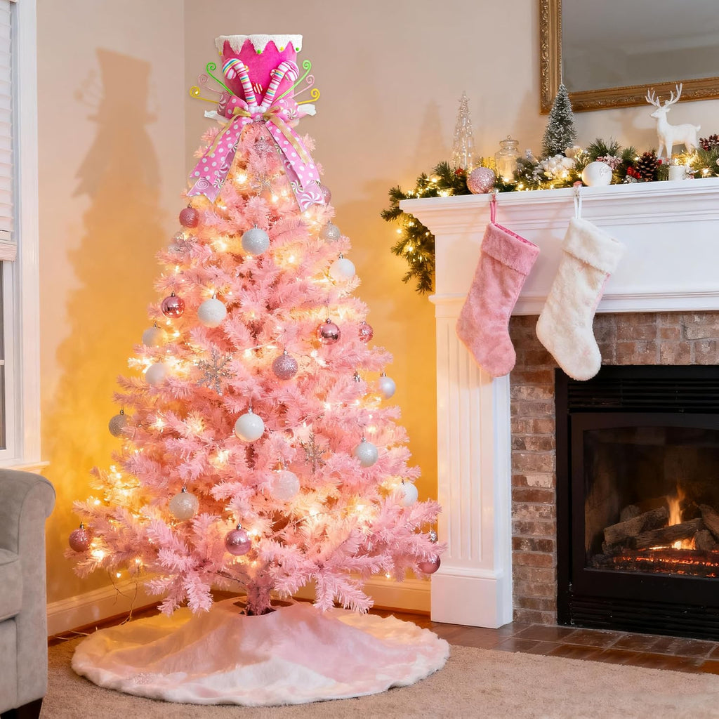 Pink Christmas Tree Topper Hat, Pink Tree Topper Hat with Bows Ribbon Ornament, Top Hat Christmas Tree Topper for Home Office Holiday Xmas Gift Tree Decoration(Velvet Material