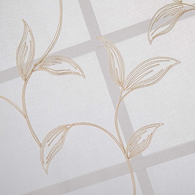 VISIONTEX Sheer Curtains 120 inch Length 2 Panels Set, White Voile Crushed Cream Vine Leaves Embroidery, Rod Pocket Embroidered Window Drapes for Living Room and Bedroom, 54" x 120"